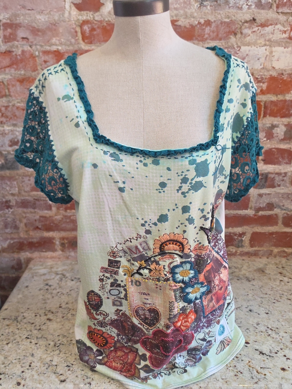 Double D Ranch Mint Green Floral Tee with Teal Lace Sleeves - 1811